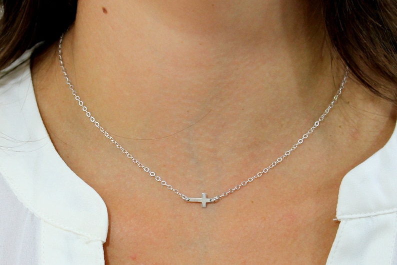 Sideways Cross Necklace, Cross Necklace Women, Silver Cross Necklace, Dainty Women Jewelry, Tiny Cross Necklace, Minimalist Jewelry, Layered image 2