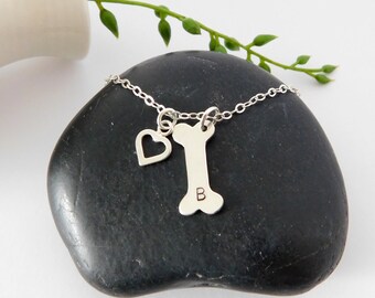 Silver Dog Bone and Heart Necklace, Pet Initial Charm Necklace, Dog Mom Gift, Dainty Pet memorial Jewelry