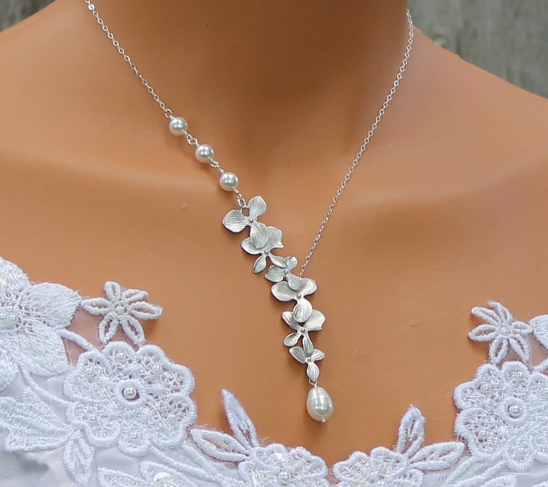 Orchid Wedding Jewelry, Floral Necklace With Pearls, Orchids Bridal Necklace, Wedding Jewelry For Bridesmaids, Birthstone Necklace, Gift image 2