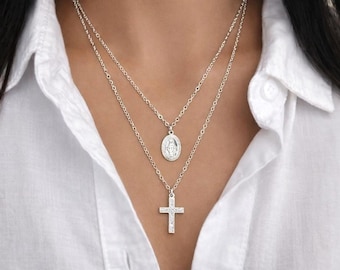 Miraculous Medal Layered Necklace, Virgin Mary & Cross Necklace, Gold Catholic Jewelry, Dainty Faith Necklace