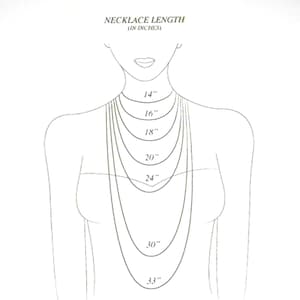 May include: Diagram illustrating necklace lengths. The image shows a stylized illustration of a person's upper body with various necklace lengths ranging from 35.5 cm to 83.8 cm displayed around the neck.