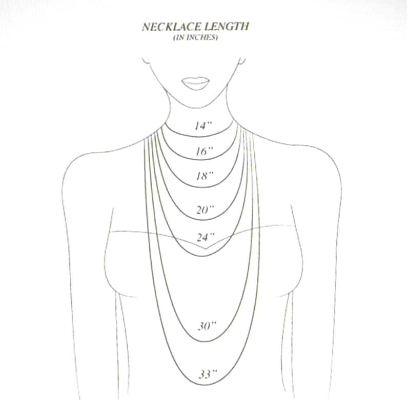 May include: Diagram illustrating necklace lengths. The image shows a stylized illustration of a person's upper body with various necklace lengths ranging from 35.5 cm to 83.8 cm displayed around the neck.