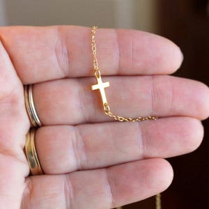Sideways Cross Necklace, Gold Cross Necklace, Dainty Cross Chain, Baptism Necklace Women, Religious Jewelry, Christening Necklace Gift image 5