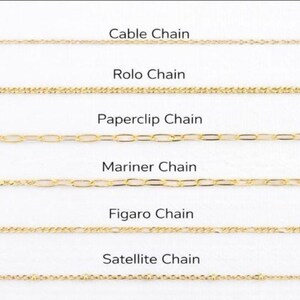 May include: An image showcasing six different gold-coloured chain necklaces. The styles include Cable, Rolo, Paperclip, Mariner, Figaro, and Satellite chains. Each chain is labelled with its name in a clear font, providing a visual guide to the various necklace designs.