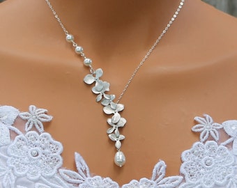 Orchideen Hochzeitsschmuck, Blumen Halskette mit Perlen, Orchideen Braut Halskette, Hochzeitsschmuck für Brautjungfern, Birthstone Halskette, Geschenk