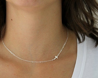 Sideways Cross Necklace, Cross Necklace Women, Silver Cross Necklace, Dainty Women Jewelry, Tiny Cross Necklace, Minimalist Jewelry, Layered