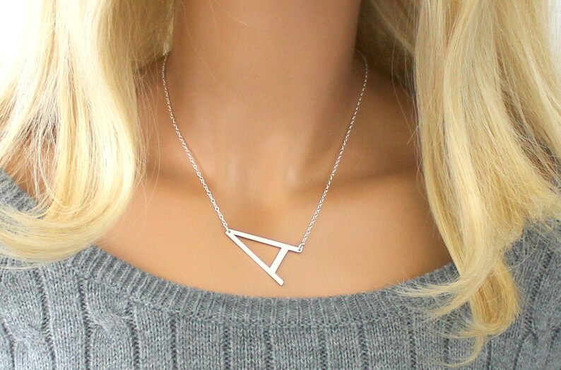 Large Initial Necklace Gold Sideways Initial Necklace Dainty Etsy