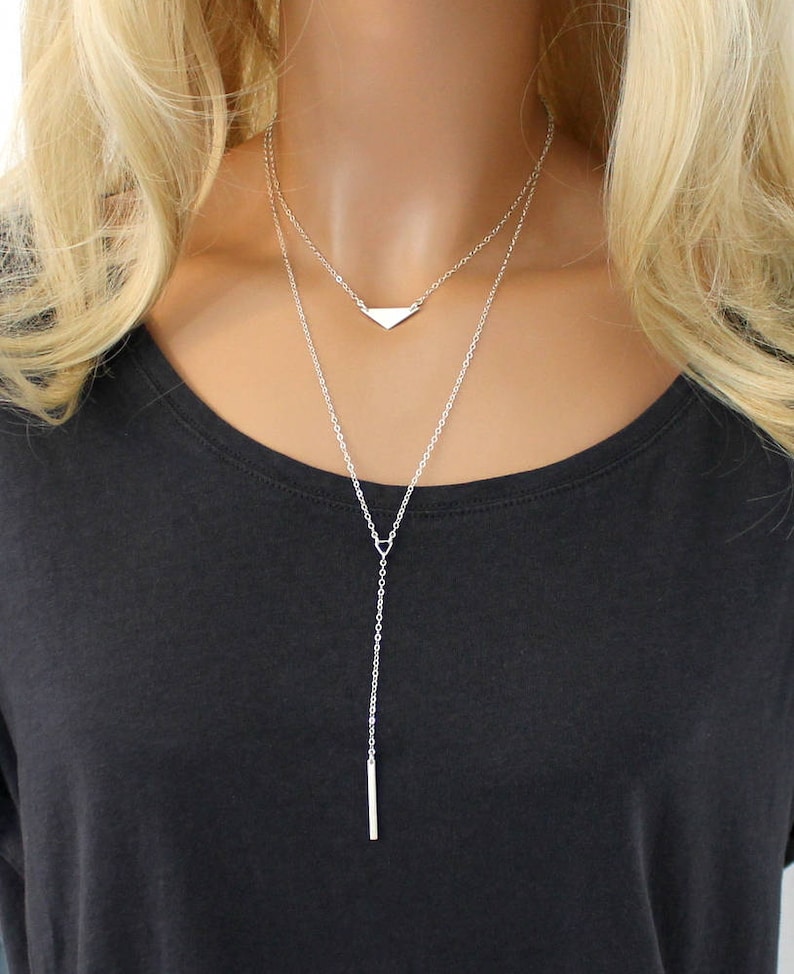 Silver Lariat Y Necklace Dainty Bar Drop Necklace Delicate Etsy