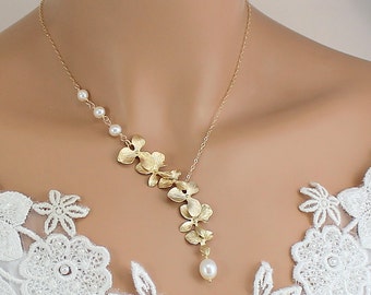 Wedding Necklace For Brides, Unique Jewelry, Gold Orchid Necklace, Pearl Bridal Necklace, Wedding Lariat Necklace, Y Necklace, Gift For Her