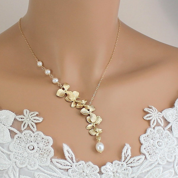 Wedding Necklace For Brides, Unique Jewelry, Gold Orchid Necklace, Pearl Bridal Necklace, Wedding Lariat Necklace, Y Necklace, Gift For Her