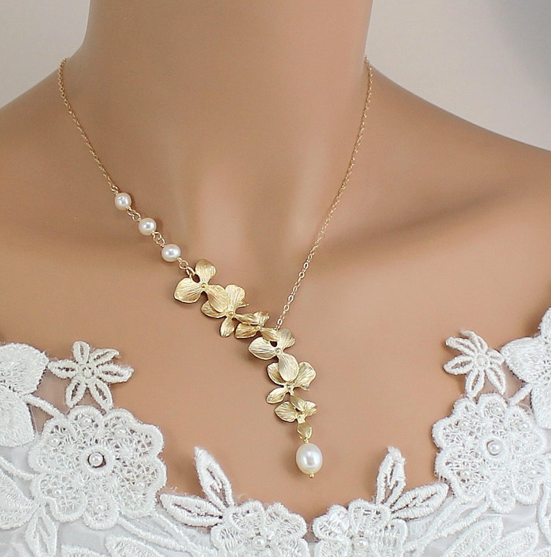 Gold Orchid Necklace Pearl Necklace Wedding Jewelry Bride | Etsy