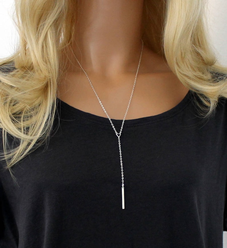 Silver Lariat Y Necklace Dainty Bar Drop Necklace Delicate Etsy