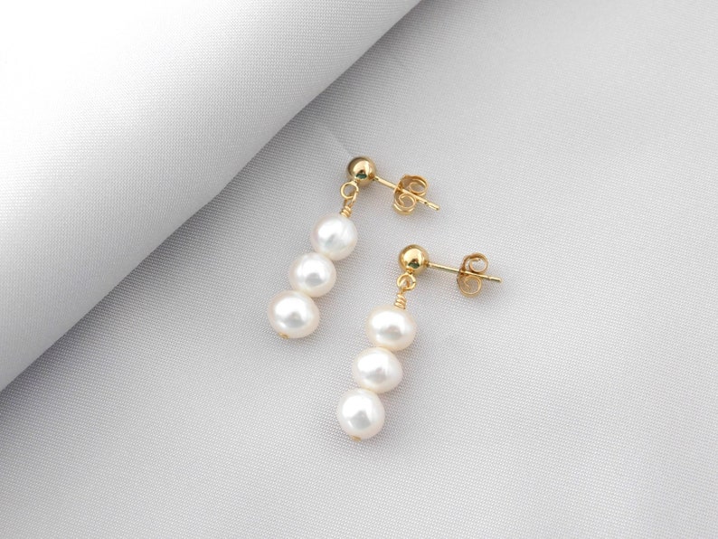 Freshwater Pearl Earrings, Wedding Jewelry, Gold or Silver Pearl Dangle Earrings, Elegant Pearl Stud Earrings, Gift for Bridesmaids, image 2