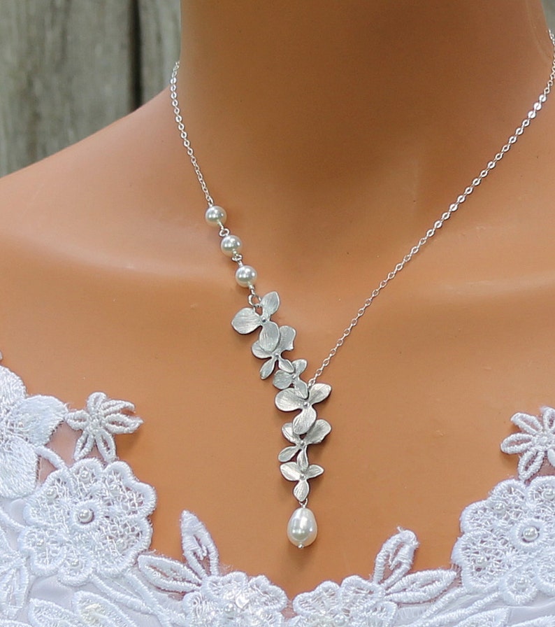 Orchid Wedding Jewelry, Floral Necklace With Pearls, Orchids Bridal Necklace, Wedding Jewelry For Bridesmaids, Birthstone Necklace, Gift image 3