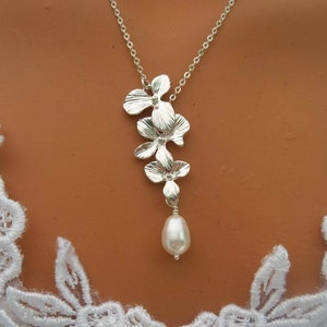 Bridal Orchid Y Necklace: Sterling Silver, Swarovski Pearl Lariat