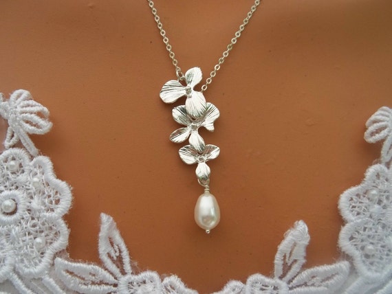 Triple Orchid Necklace Teardrop Pearl Silver Necklace | Etsy