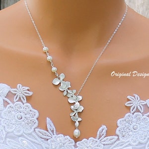 Sterling Silver Orchid Necklace: Freshwater Pearl Bridal Lariat