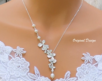 Collar de orquídeas de plata de ley: Collar largo nupcial de perlas de agua dulce