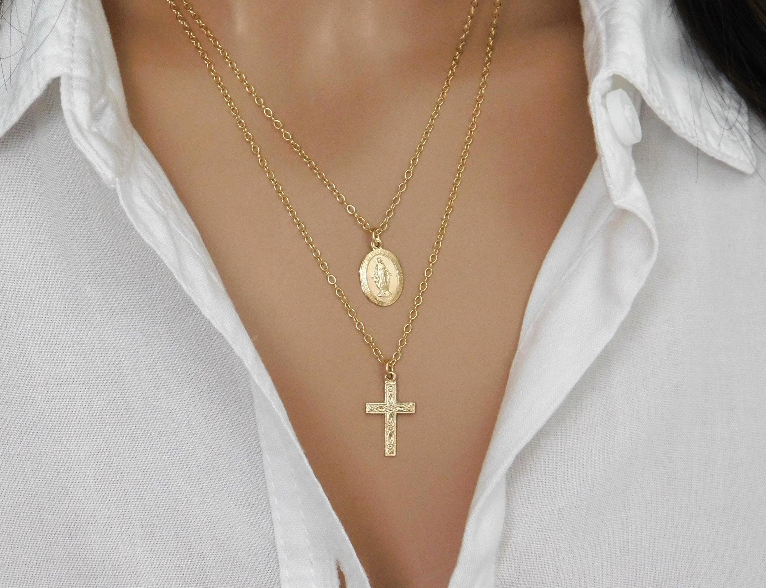 Dainty Virgin Mary & Cross Layered Necklace Set - Faith-Inspired Jewelry, Catholic Necklace set Religious Gift Set
