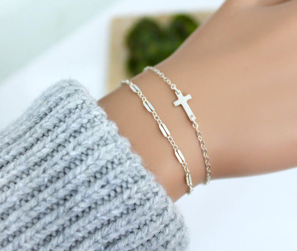 Cross Bracelet Women Sideways Cross Bracelet Silver Cross Etsy