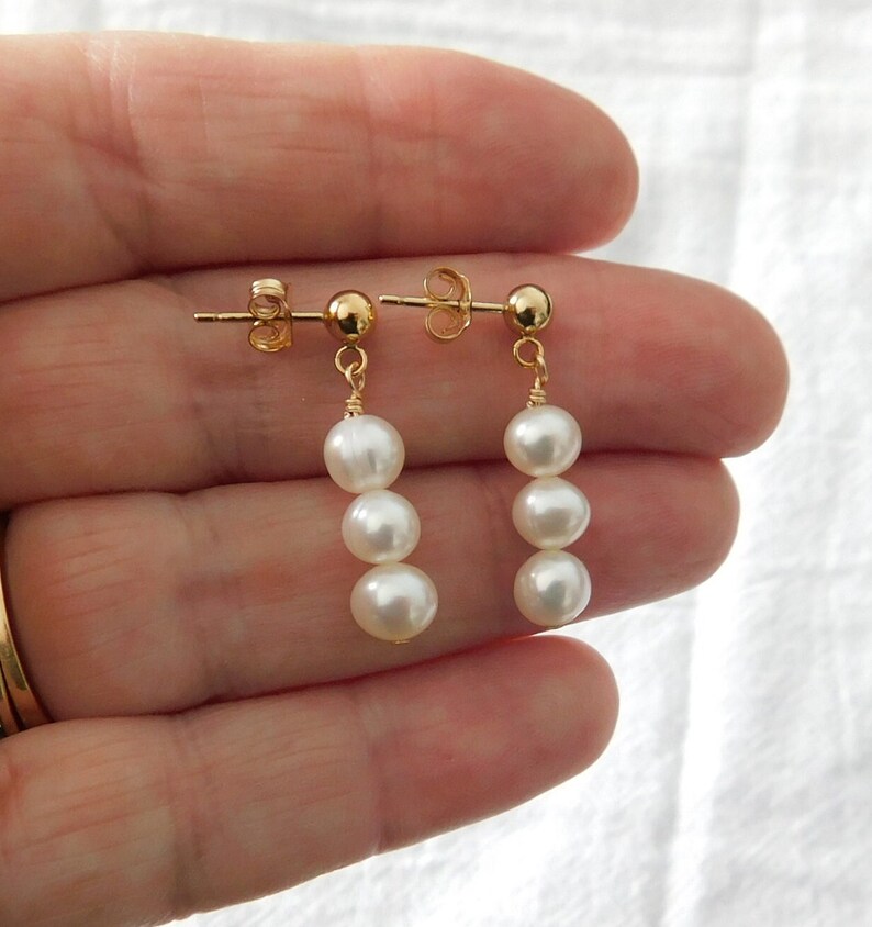 Freshwater Pearl Earrings, Wedding Jewelry, Gold or Silver Pearl Dangle Earrings, Elegant Pearl Stud Earrings, Gift for Bridesmaids, image 3