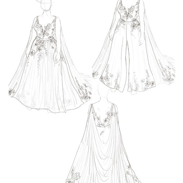 May include: A pencil sketch of three bridal gown designs. Each gown features a V-neckline, floral embroidery, and a flowing cape. The gowns have a long train and are detailed with delicate floral patterns.