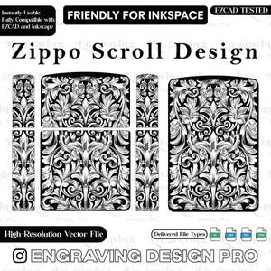Pode incluir: Design vetorial a preto e branco para um isqueiro Zippo, com um padrão de rolagem. A imagem mostra o design na frente, atrás e nas laterais do isqueiro. O texto inclui "Zippo Scroll Design" e "Engraving Design Pro."
