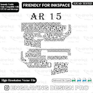 May include: A black and white vector design for an AR-15, adorned with detailed floral patterns. The image displays the text "AR 15" and "Engraving Design Pro". Compatible with EZCAD and Inkscape. High-resolution vector file.