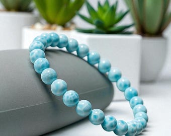 Natural Larimar Beaded Stretch Bracelet: Dominican Gemstone Jewelry