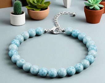 Pulsera de larimar dominicano: cuentas de piedra preciosa azul océano natural, cristal curativo