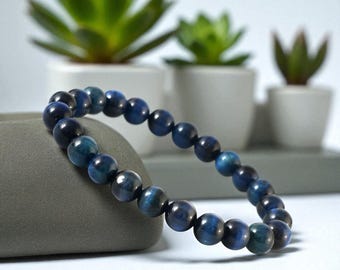 Blue Tiger Eye Beaded Bracelet: Grounding Crystal Healing Jewelry