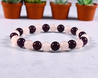 Handmade Amethyst Rose Quartz Bracelet: Healing Crystal Gemstone