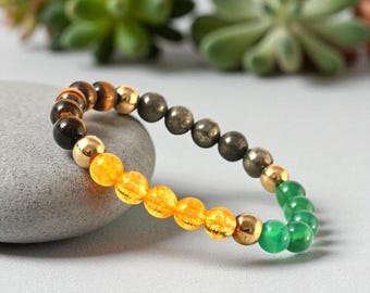 Geldmangnetarmband, handgemaakte edelsteenarmband: citrien, pyriet, tijgeroog, agaat