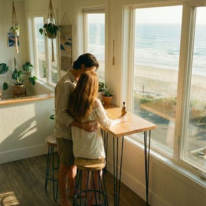 Puede incluir: Una pareja está de pie cerca de una mesa de madera con patas de horquilla negras, con vista a una escena de playa. Una botella está sobre la mesa. Dos taburetes con asientos de madera y patas de metal negro están cerca. Las plantas cuelgan en colgadores de macramé cerca de las ventanas.