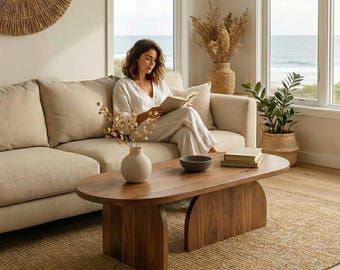 Handmade Solid Pine Wood Oval Coffee Table | Natural Minimalist Center Table