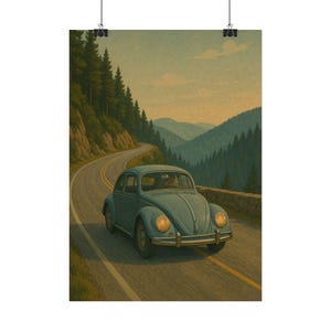 Vintage VW Beetle Posters, Retro Car Wall Art, Dorm Room Decor, Classic Bug Print, Car Lover Gift, Garage Decoration