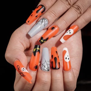 Halloween Press On Nails with Ghosts and Spiderwebs – Matte Orange Boo Nail Art – Spooky Custom Set for October Style