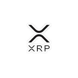May include: A white sticker with the black XRP cryptocurrency logo. The logo shows a stylized double-X symbol above the letters "XRP" in a sans-serif font.