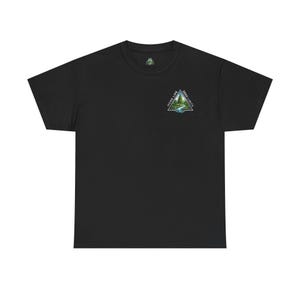 May include: Black t-shirt with a small triangular graphic on the upper left chest. The graphic features a landscape scene with a river and trees, and the text "MORE LIFE ZERO LIMITS".