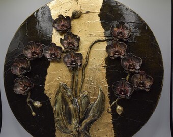 picture, mural, black and gold, 2D mural, art, wall decoration, flowers