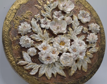 Flowers, wall art, picture, floral picture, handmade wall art, Baroque, round picture, flowers, bronze