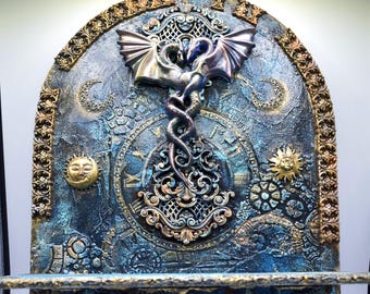 Dragon, key rack, art, handmade, steampunk, round picture, fantasy picture, fantasy
