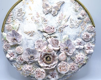 Flowers, wall art, picture, floral picture, handmade wall art, baroque, round picture, flower meadow, porcelain look