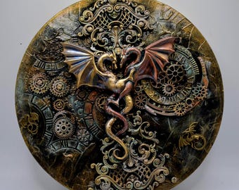 Dragons, Dragon Picture, Handmade Wall Art, Steampunk, Round Picture, Dragon Love, Fantasy