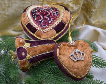 Unique Christmas tree ornament, bauble, decoration, Christmas ball, set of 3, large heart approx. 13 cm, small heart 7.5 cm, bell approx. 9 cm