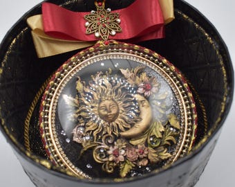 Unique Christmas tree ornament, moon, sun, decorative piece, handmade ornamental sphere, Victorian design, with gift box
