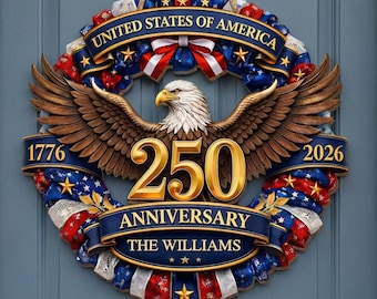Personalized America 250th Anniversary Wood Wreath 1776-2026 Patriotic Door Sign Semiquincentennial Family Name Decor MS232