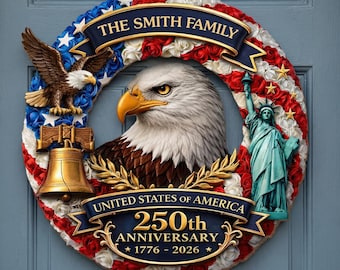 Personalized America 250th Anniversary Wood Wreath 1776-2026 Patriotic Door Sign Semiquincentennial Family Name Decor MS234