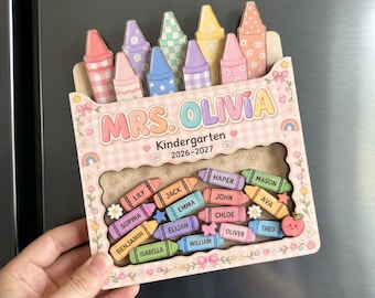 Personalized Teacher Crayon Shaker Magnet: Custom Kindergarten Teacher Gift With Names, Back To School Gift, Teacher Thank You Gift F1593