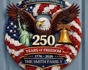 Personalized America 250th Anniversary Wood Wreath 1776-2026 Patriotic Door Sign Semiquincentennial Family Name Decor MS231